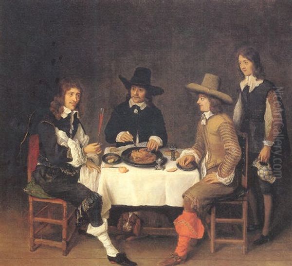 Three Men At Dinner With A Servant Nearby Oil Painting by Philips Koninck