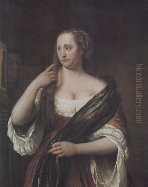 Eine Dame Mit Einer Perlenkette Im Haar Bei Ihrer Toilette Oil Painting by Philips Koninck