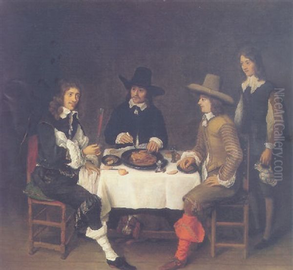 Three Men At Dinner With A Servant Nearby Oil Painting by Philips Koninck