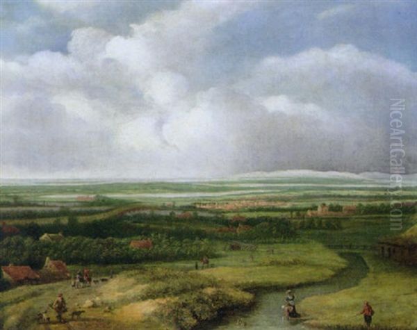 A Panoramic View With Figures On A Path And A Man Fishing In A River Oil Painting by Philips Koninck