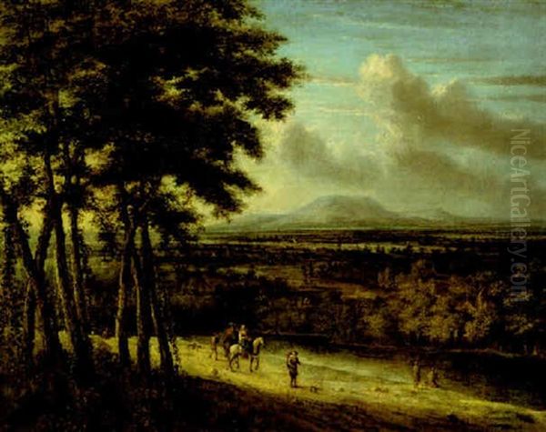 Extensive Landscape With Figures Near A River Oil Painting by Philips Koninck