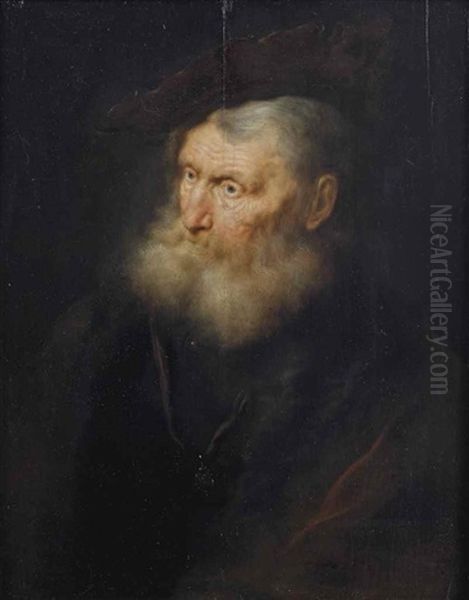 Portrait Of An Old Man, Bust-length, In A Fur Lined Coat With A Small Pendant, And A Velvet Barrett Oil Painting by Salomon Koninck