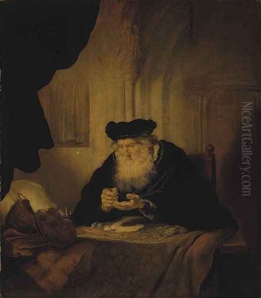 An Old Man Counting Money Oil Painting by Salomon Koninck