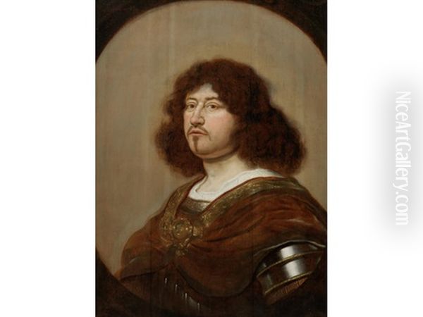 Portrait Of Gentleman, Bust-length, In Armour, Within A Painted Oval Oil Painting by Salomon Koninck