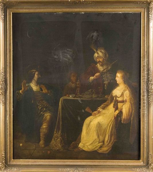 Ahasver Und Haman Beim Festmahl Der Esther Oil Painting by Salomon Koninck