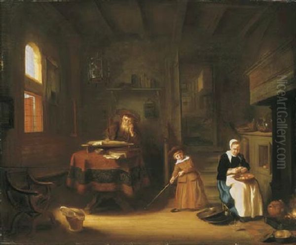 A Philosopher In An Interior With A Child Playing And A Woman Peeling Apples Oil Painting by Salomon Koninck