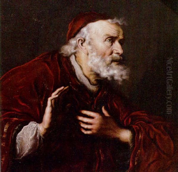 Portrait Of A Rabbi, Wearing A Red Cloak And Skull Cap Oil Painting by Salomon Koninck