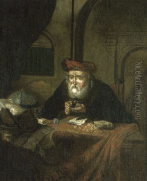 Moneychanger Seated At A Draped Table In An Interior Oil Painting by Salomon Koninck