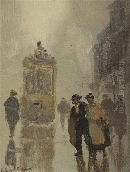 A Street Scene With A Tram Oil Painting by Edzard Koning