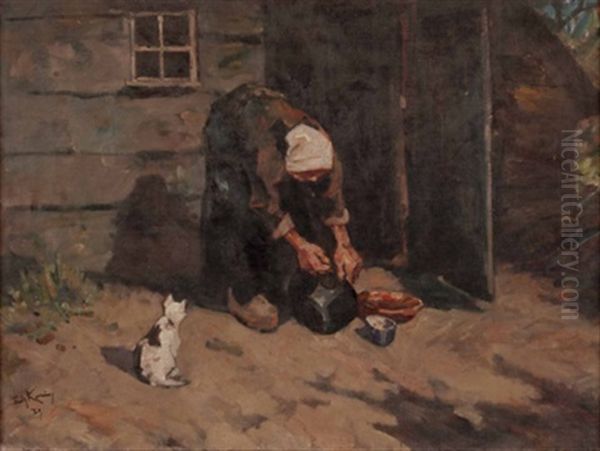 Die Mahlzeit Fur Die Katze Oil Painting by Edzard Koning