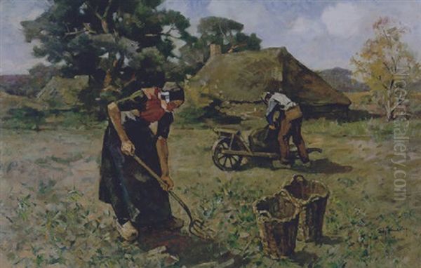 Potatoe Digging Oil Painting by Edzard Koning