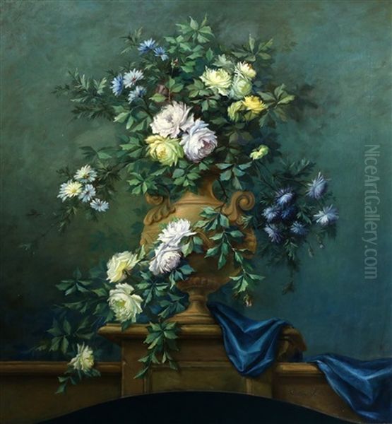 Haardstuk Met Met Tuinvaas Gevuld Met Bloemen Oil Painting by Elisabeth Johanna Koning