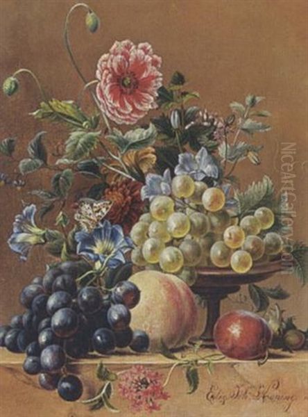 A Still Life Of Grapes, A Peach, And A Butterfly On A Table Oil Painting by Elisabeth Johanna Koning