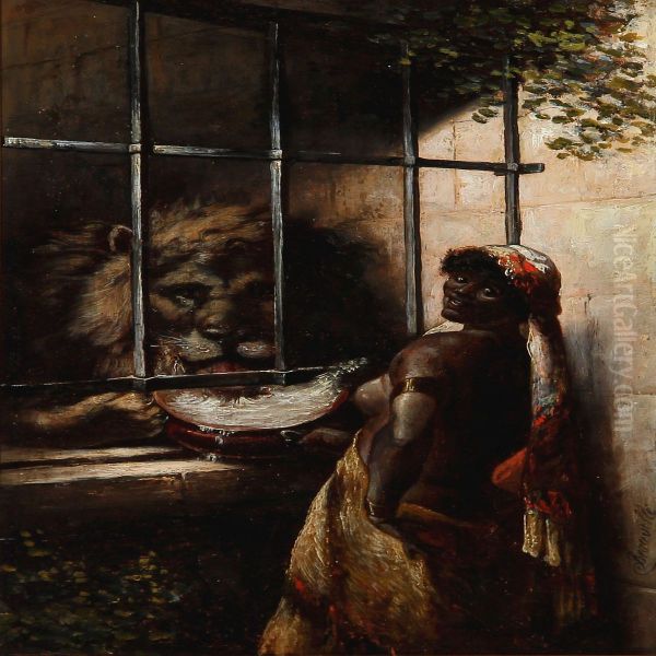 An African Woman Gives A Lion Water Oil Painting by Beauville