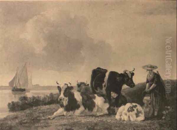 Lady With Cattle Along A Lake With Sailboats Oil Painting by Leendert de Koningh the Younger