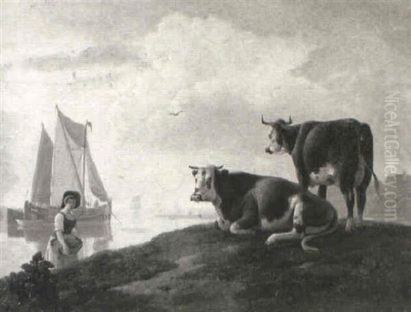 Washerwoman On A River Bank With Cattle Oil Painting by Leendert de Koningh the Younger