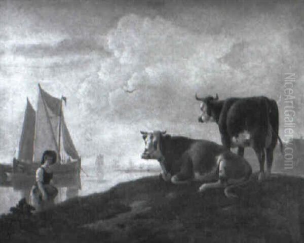 A Washerwoman On A Bank With Cattle Oil Painting by Leendert de Koningh the Younger