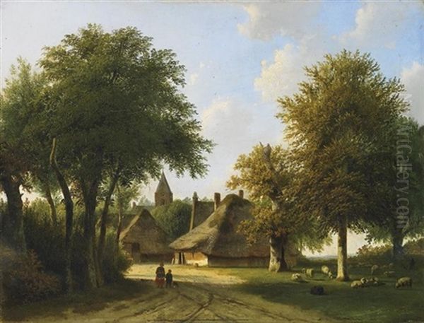 Auf Dem Lande. Blick Auf Ein Kleines Kirchdorf, Davor Schafer Bei Ihrer Herde Oil Painting by Arie Ketting De Koningh