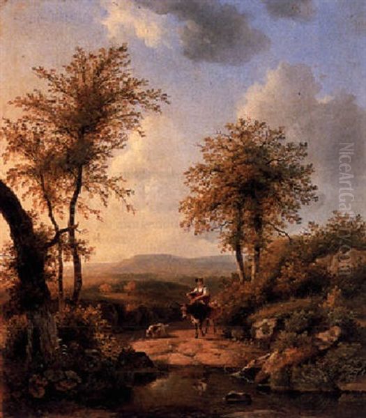 A Woman Riding A Donkey In An Italianate Landscape by Arie Ketting De Koningh