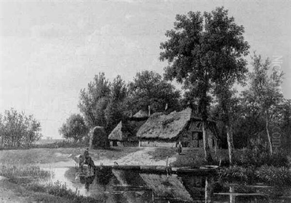 A Wooded Landscape With A Peasantwoman By A Farmhouse And A Traveller Watering Horses Oil Painting by Arie Ketting De Koningh