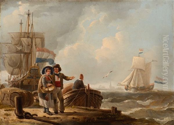 Dutch Harbour View With Merchant Ships And Figures Oil Painting by Leendert de Koningh