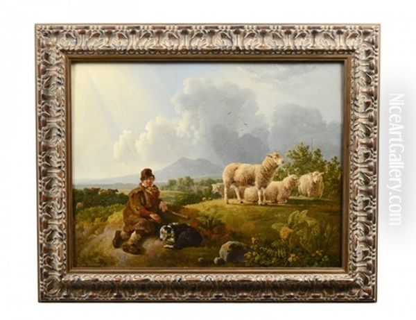 Sheppard Resting With Dog And Sheep Landscape Oil Painting by Leendert de Koningh