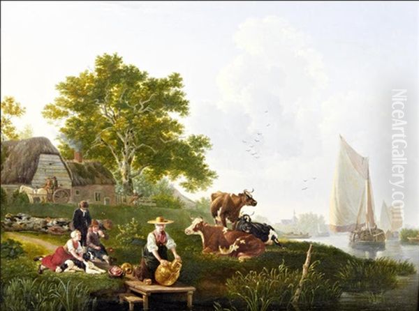 River Landscape With Barges, Cattle And Maid Cleaning Metalware Oil Painting by Leendert de Koningh