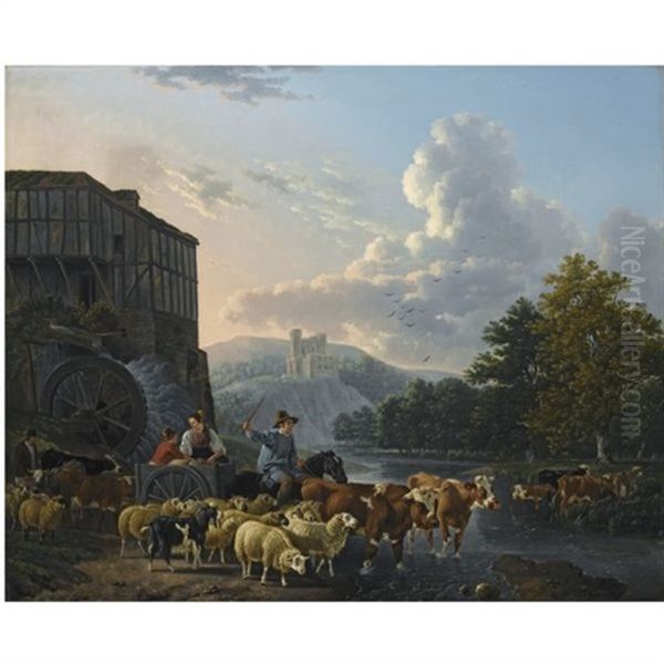 A Herd With Cattle Crossing A River Oil Painting by Leendert de Koningh