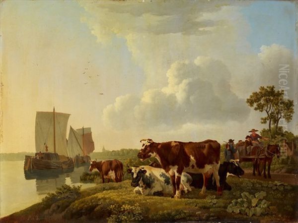 Flussufer Mit Schiffen Und Kuhen Oil Painting by Leendert de Koningh