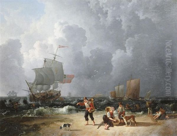 Pecheurs De Crevettes A La Plage Avec Trois-mats Et Voiliers A L'arriere-plan Oil Painting by Leendert de Koningh