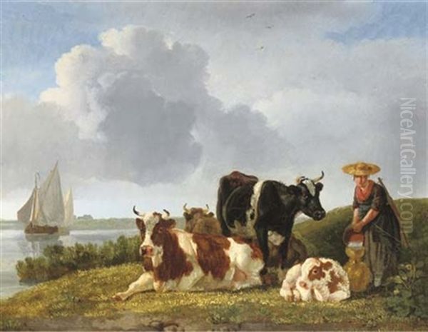 Cattle By The River Oil Painting by Leendert de Koningh