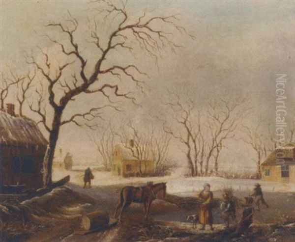 Firewood Gatherers By A Frozen River In A Dutch Hamlet Oil Painting by Leendert de Koningh