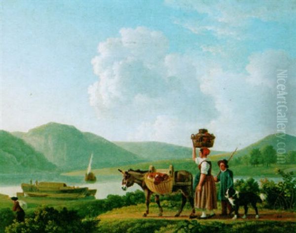 A River Landscape With Peasants On Their Way To The Market Oil Painting by Leendert de Koningh