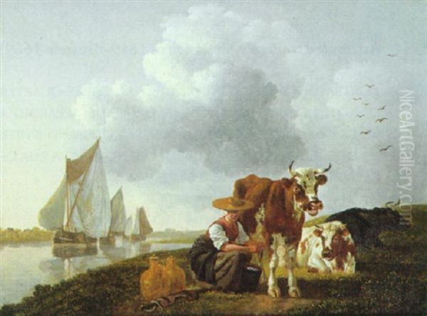 A Maid Milking A Cow On The Bank Of A River, Sailing Vessels Beyond Oil Painting by Leendert de Koningh