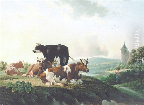 Cattle In A Landscape Oil Painting by Leendert de Koningh