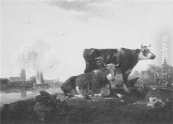 Cattle And Shepherdess On The Banks Of The Canal Oil Painting by Leendert de Koningh