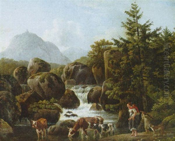 A Mountainous Landscape With A Peasant Family And Cows By A Waterfall Oil Painting by Leendert de Koningh