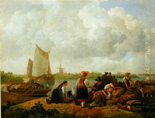 Travellers Resting On A River Bank Oil Painting by Leendert de Koningh