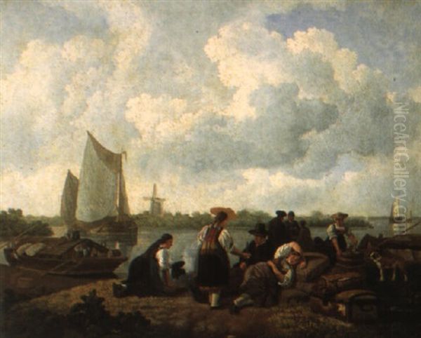 Travellers Resting On A Riverbank Oil Painting by Leendert de Koningh