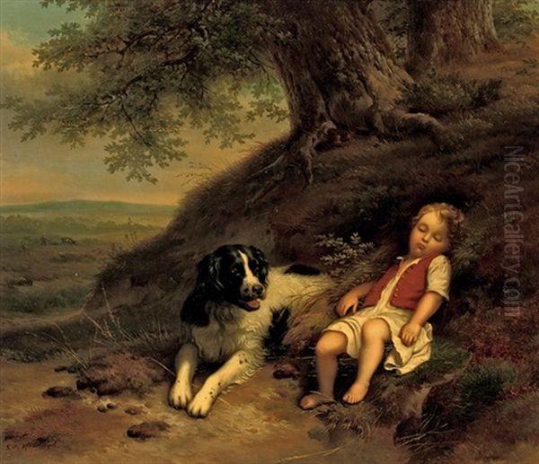 A Boy Resting With His Dog, In A Landscape Oil Painting by Louisa de Koningh