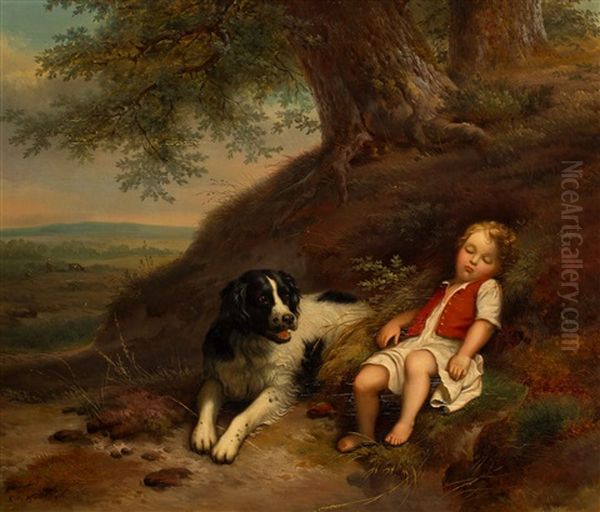 Resting Boy With His Dog In A Landscape Oil Painting by Sophia de Koningh