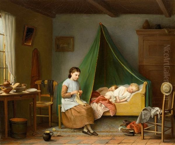 A Knitting Girl And Sleeping Children In An Interior Oil Painting by Sophia de Koningh