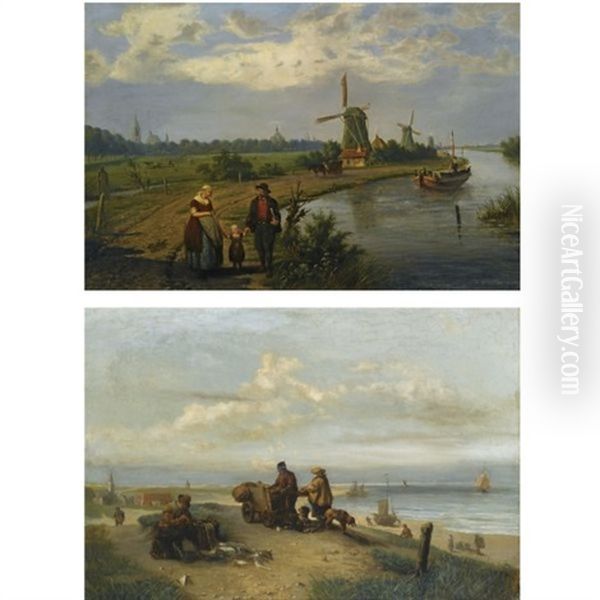 Strolling Along The River On A Sunny Day (+ After A Day's Catch; 2 Works) Oil Painting by Jacobus Van Koningsveld