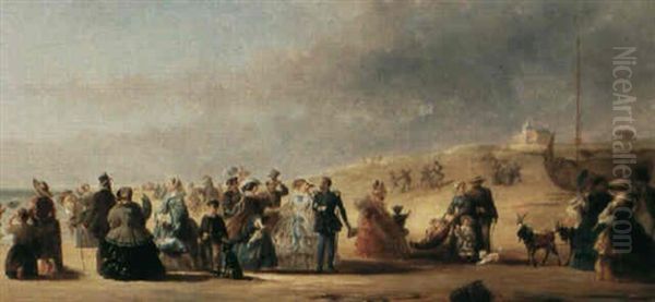 A Gathering Of Elegant Figures On The Beach Oil Painting by Jacobus Van Koningsveld