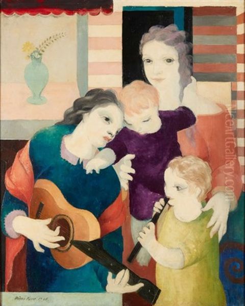 Femme Et Enfants Jouant Des Instruments Oil Painting by Micao Kono