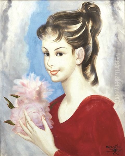 Jeune Fille A La Robe Rouge Et Pivoines Oil Painting by Micao Kono