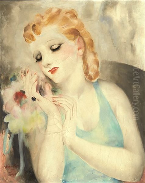 Femme A La Fleur Et Robe Bleue Oil Painting by Micao Kono