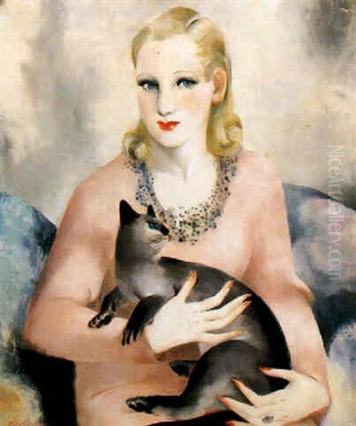 Jeunne Femme Au Chat Siamois Oil Painting by Micao Kono