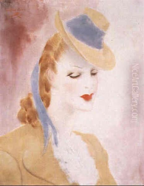 Femme Au Chapeau Ruban Bleu Oil Painting by Micao Kono