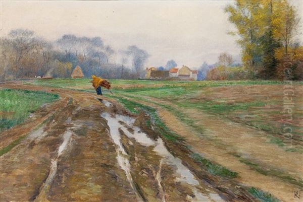 On The Way Into The Village Oil Painting by Rudolf Konopa